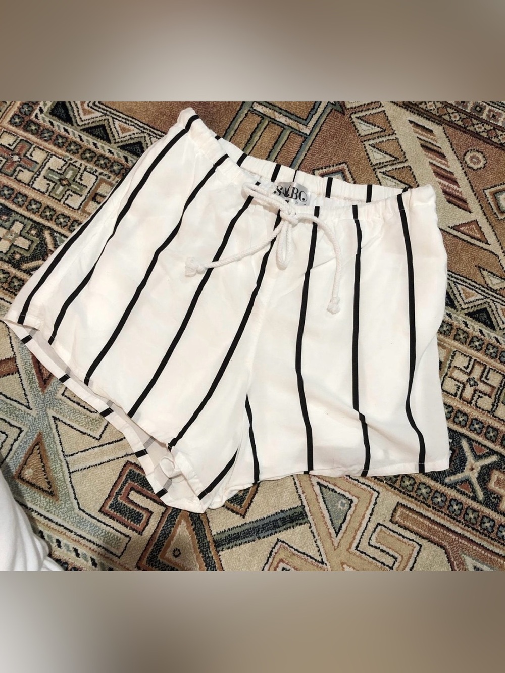 Striped White & Black Drawstring Women's Shorts